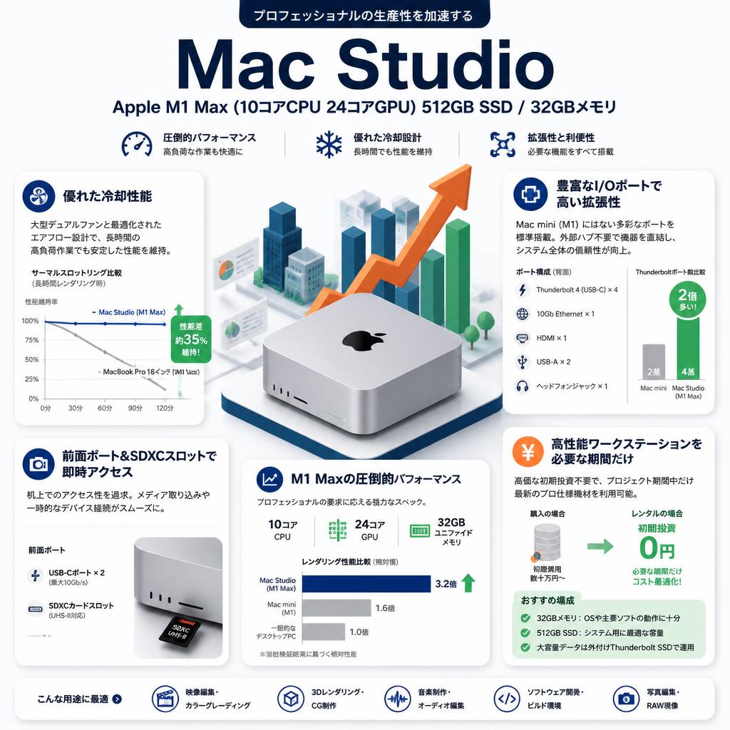 Mac Studio Apple M1 Max(10コアCPU 24コアGPU)512GB SSD / 32GBメモリ セールスポイント