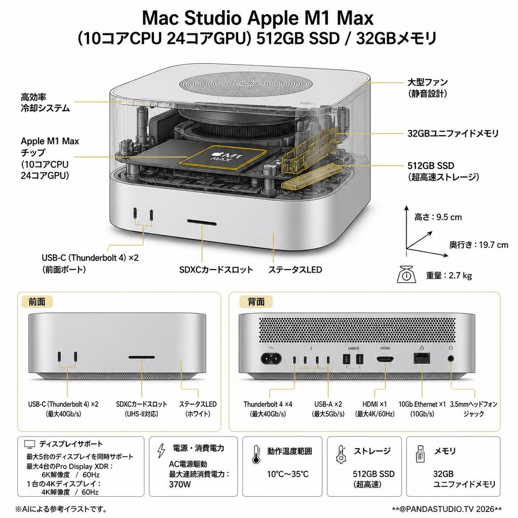 Mac Studio Apple M1 Max(10コアCPU 24コアGPU)512GB SSD / 32GBメモリ スペック
