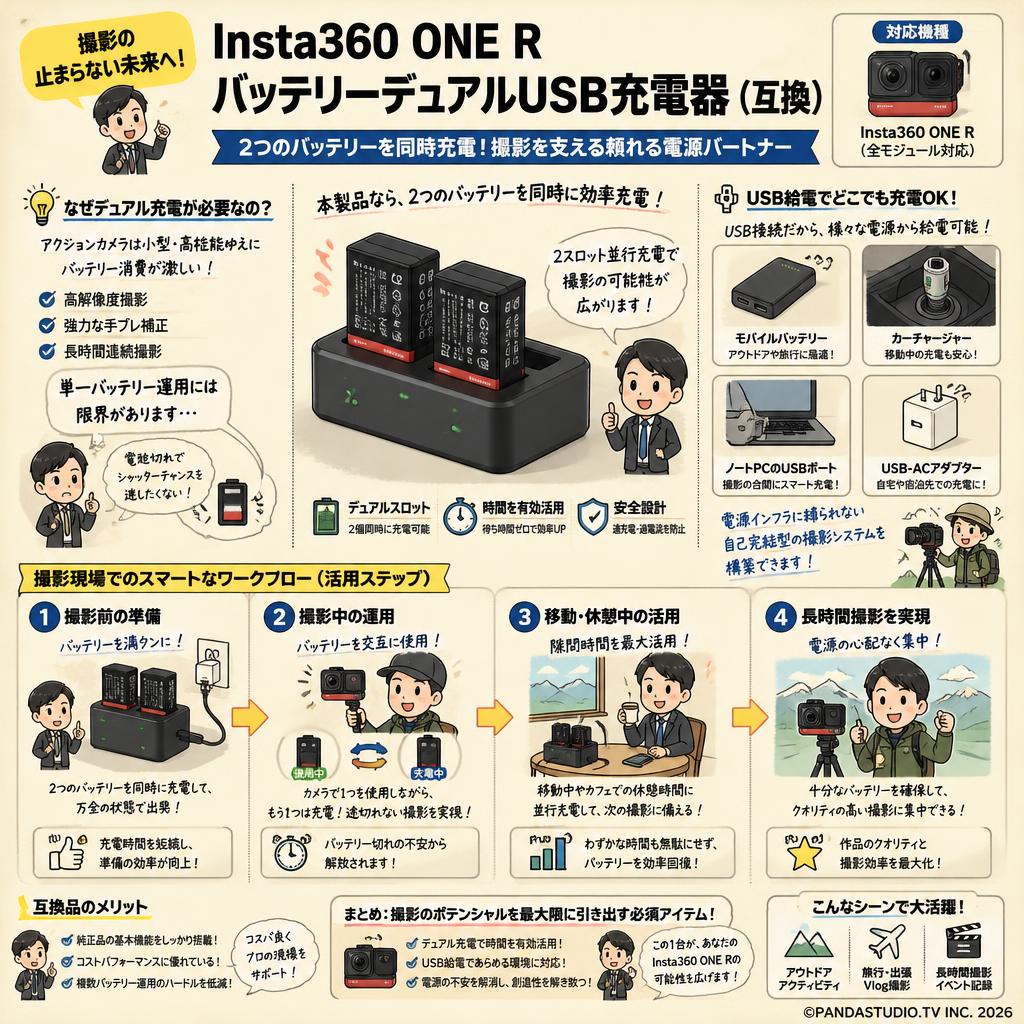 Insta360 ONE R バッテリーデュアルUSB充電器 (互換） 概要