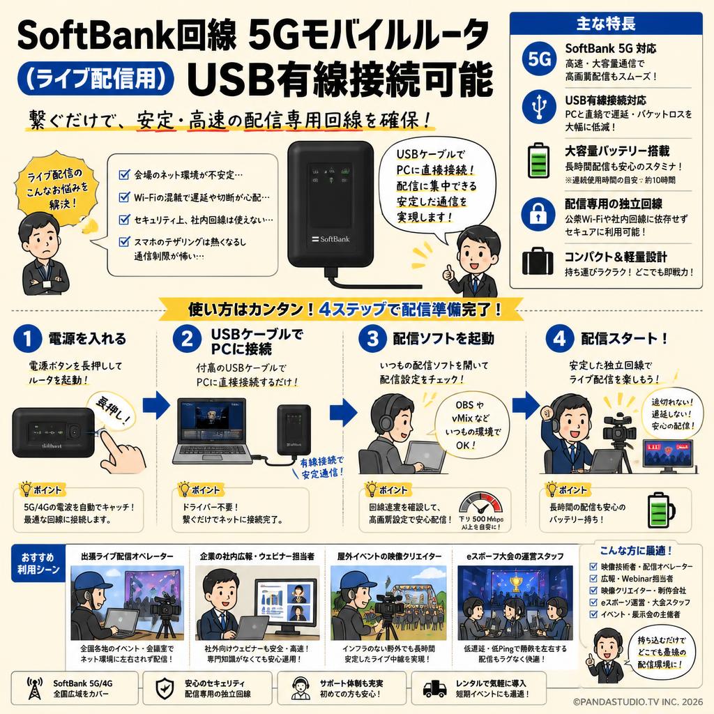 SoftBank 回線 5Gモバイルルータ（ライブ配信用）USB 有線接続可能 おもな対象のお客様