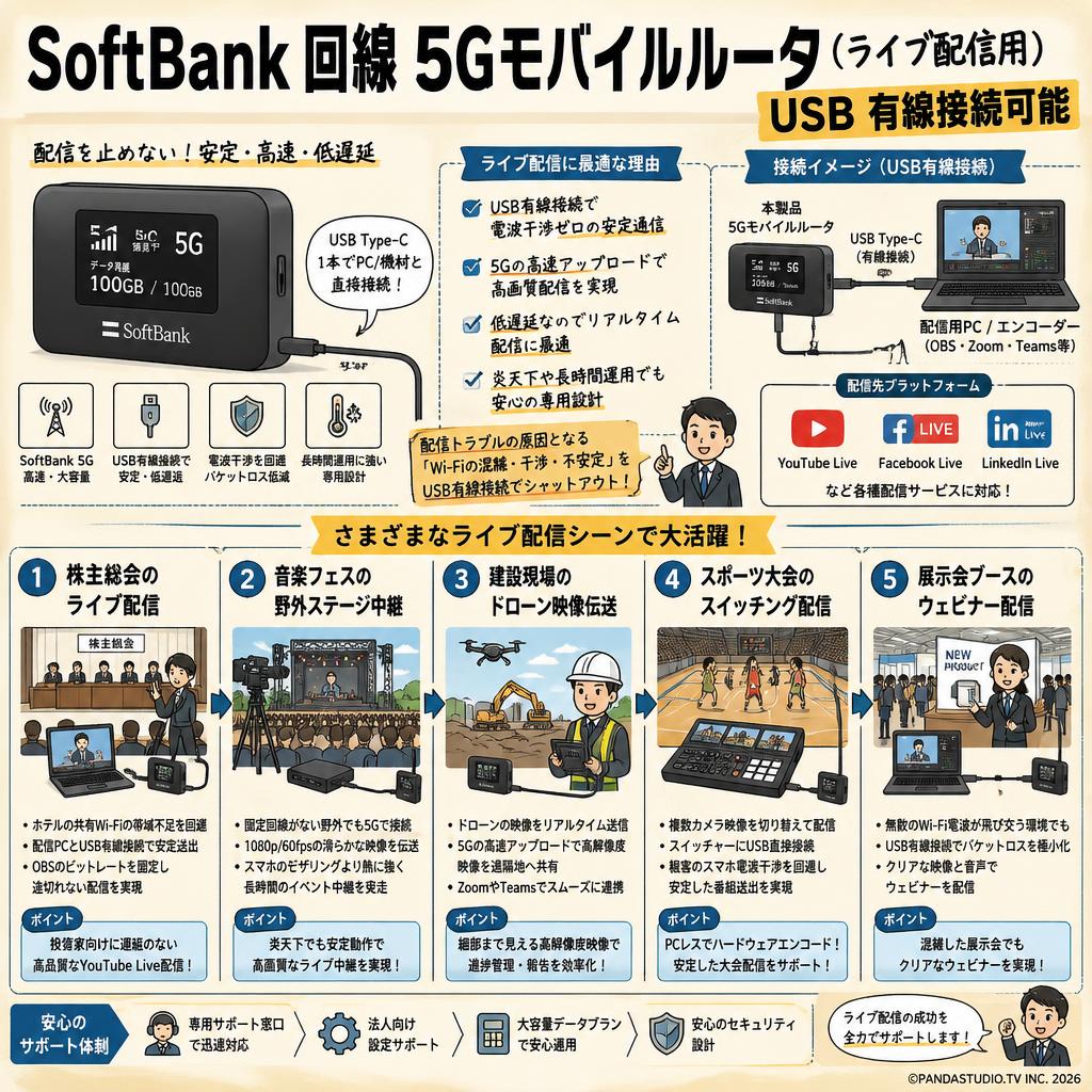 SoftBank 回線 5Gモバイルルータ（ライブ配信用）USB 有線接続可能 用途
