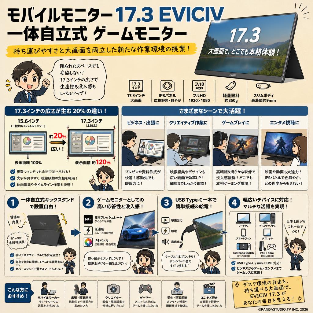 モバイルモニター 17.3 EVICIV 一体自立式 ゲームモニター 概要