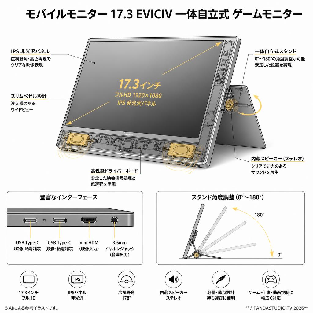 モバイルモニター 17.3 EVICIV 一体自立式 ゲームモニター スペック