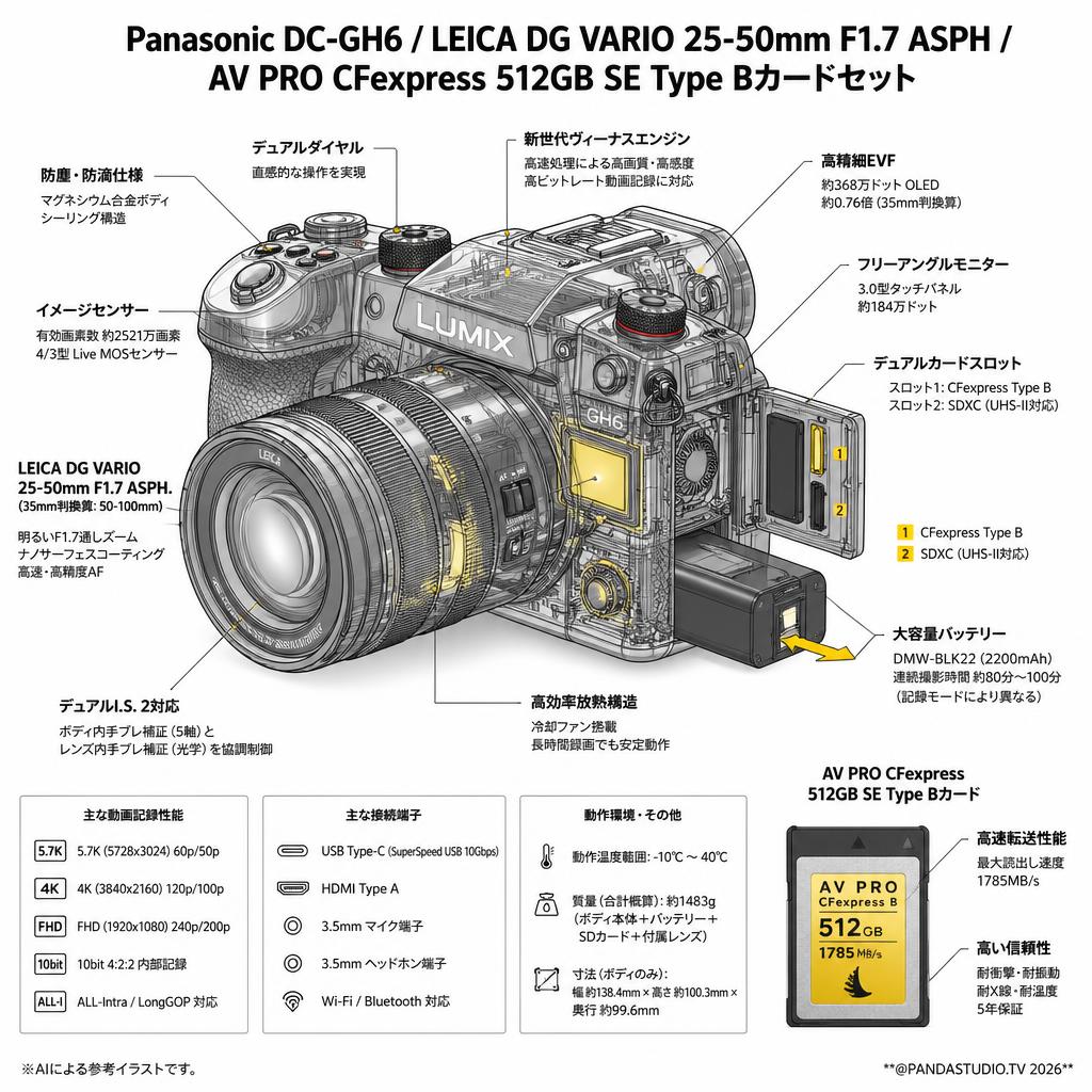 Panasonic DC-GH6 / LEICA DG VARIO 25-50mm F1.7 ASPH / AV PRO CFexpress 512GB SE Type Bカードセット スペック