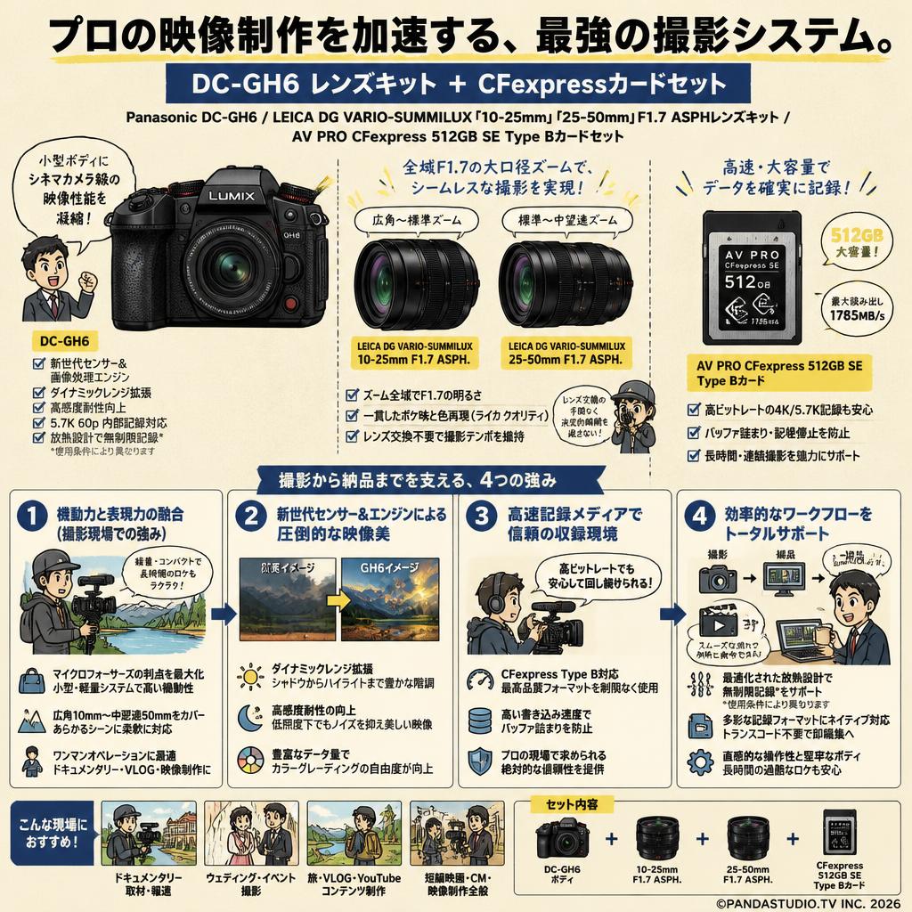 Panasonic DC-GH6 / LEICA DG VARIO-SUMMILUX「10-25mm」「25-50mm」F1.7 ASPHレンズキット / AV PRO CFexpress 512GB SE Type Bカードセット 概要