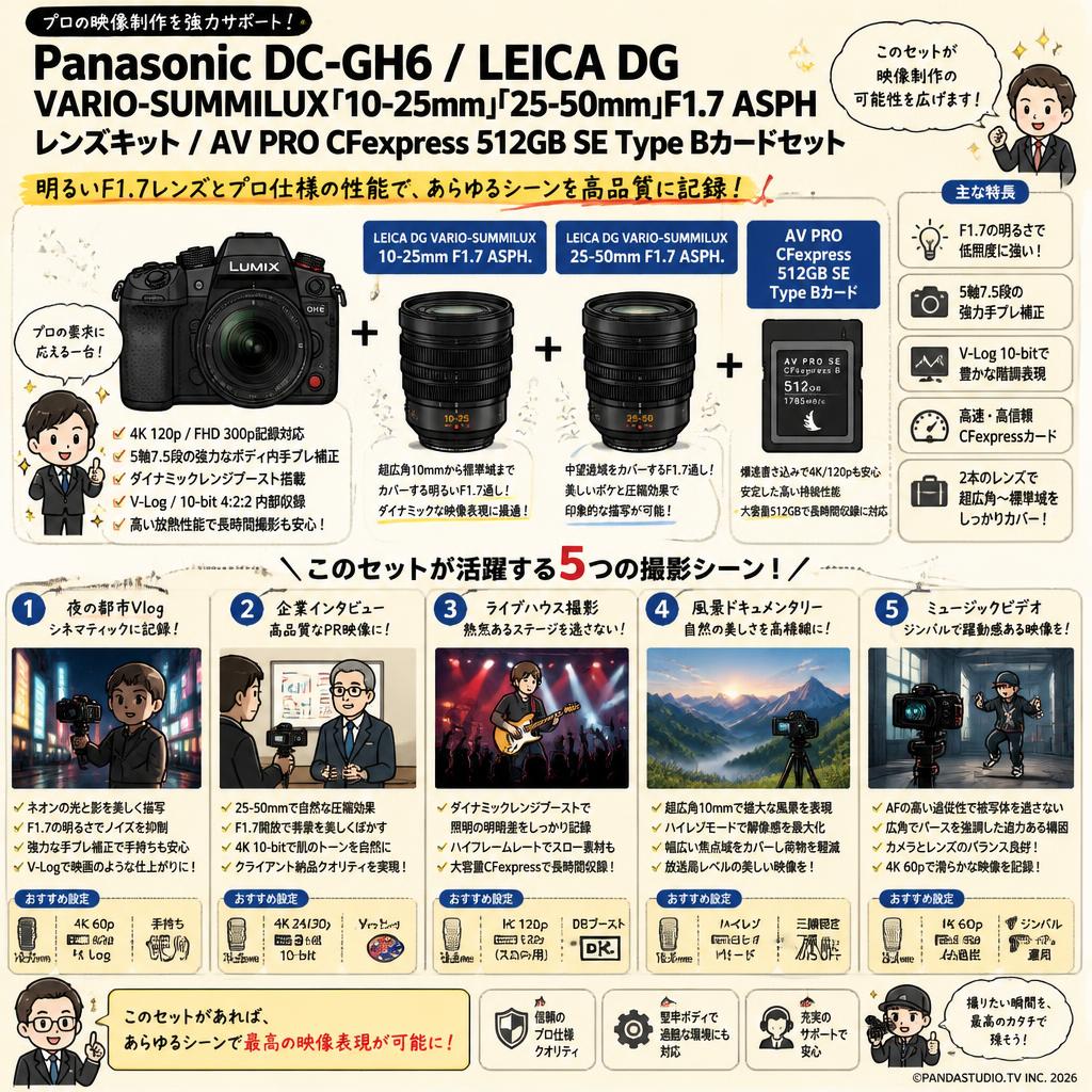 Panasonic DC-GH6 / LEICA DG VARIO-SUMMILUX「10-25mm」「25-50mm」F1.7 ASPHレンズキット / AV PRO CFexpress 512GB SE Type Bカードセット 用途