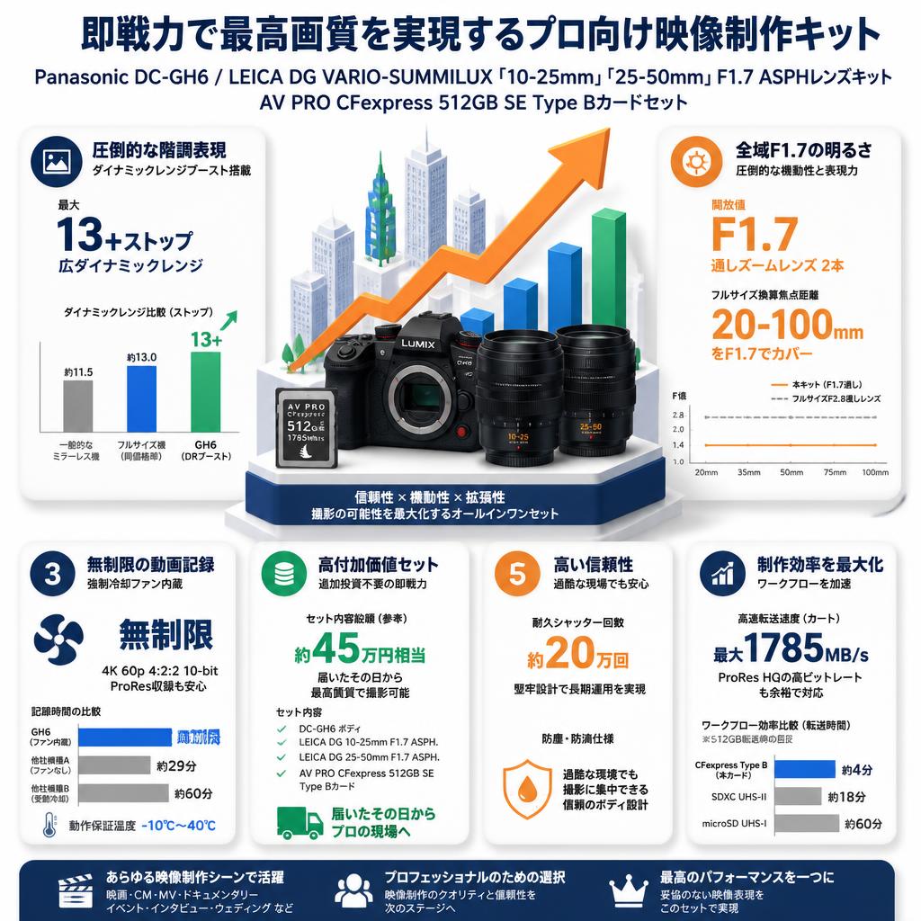 Panasonic DC-GH6 / LEICA DG VARIO-SUMMILUX「10-25mm」「25-50mm」F1.7 ASPHレンズキット / AV PRO CFexpress 512GB SE Type Bカードセット セールスポイント