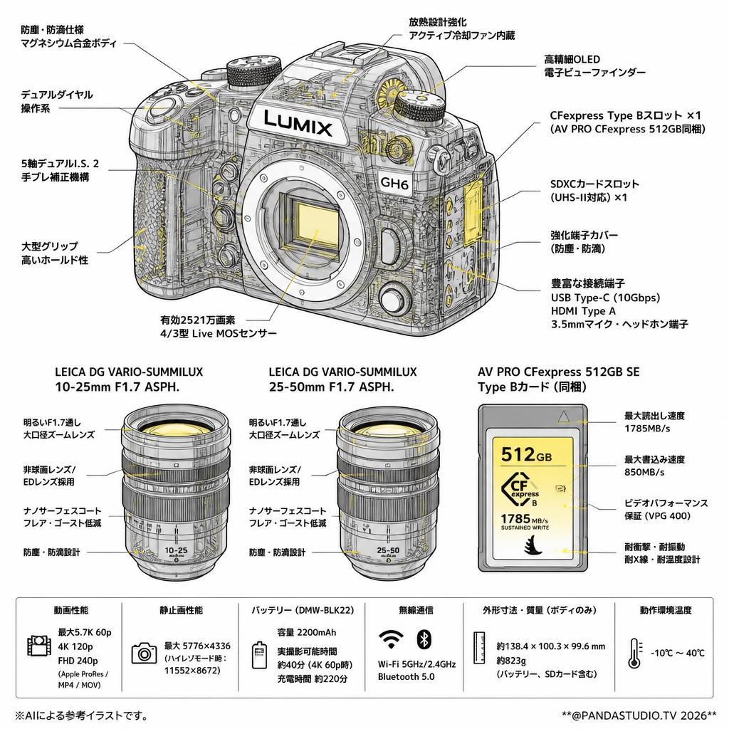 Panasonic DC-GH6 / LEICA DG VARIO-SUMMILUX「10-25mm」「25-50mm」F1.7 ASPHレンズキット / AV PRO CFexpress 512GB SE Type Bカードセット スペック