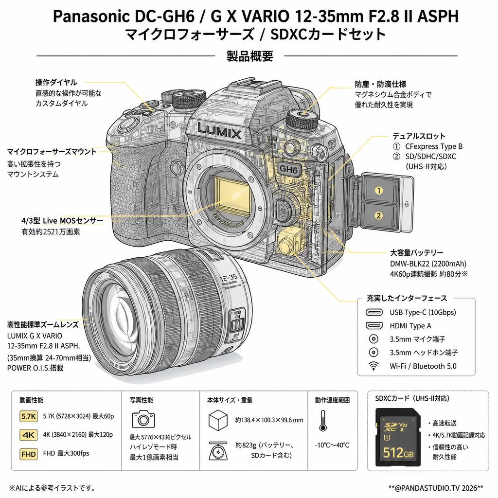 Panasonic DC-GH6 / G X VARIO 12-35mm F2.8 II ASPH マイクロフォーサーズ / SDXCカードセット スペック