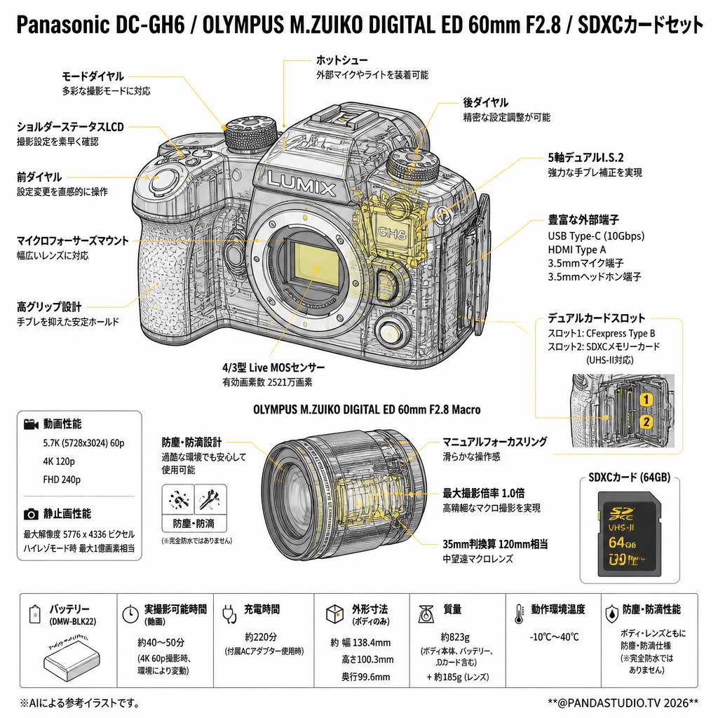 Panasonic DC-GH6 / OLYMPUS M.ZUIKO DIGITAL ED 60mm F2.8 / SDXCカードセット スペック