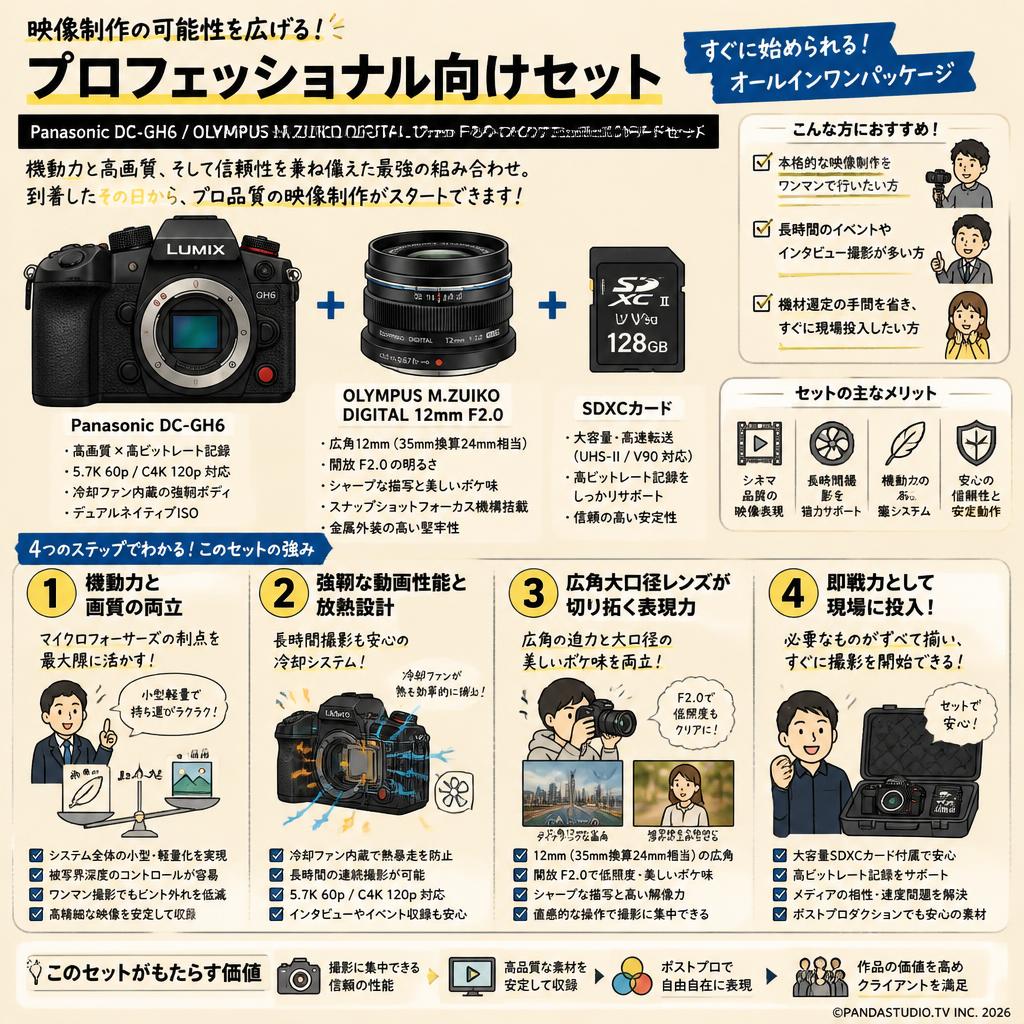 Panasonic DC-GH6 / OLYMPUS M.ZUIKO DIGITAL 12mm F2.0 マイクロフォーサーズ / SDXCカードセット 概要
