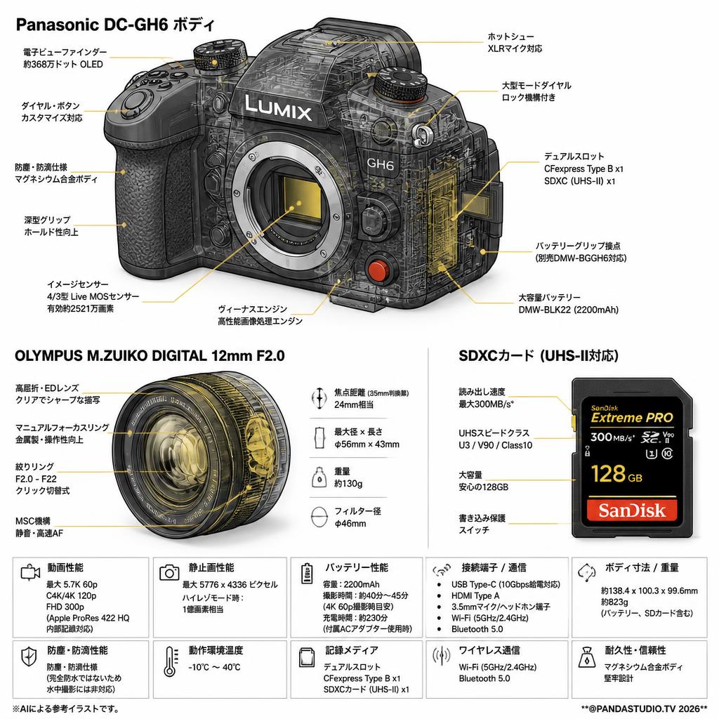 Panasonic DC-GH6 / OLYMPUS M.ZUIKO DIGITAL 12mm F2.0 マイクロフォーサーズ / SDXCカードセット スペック