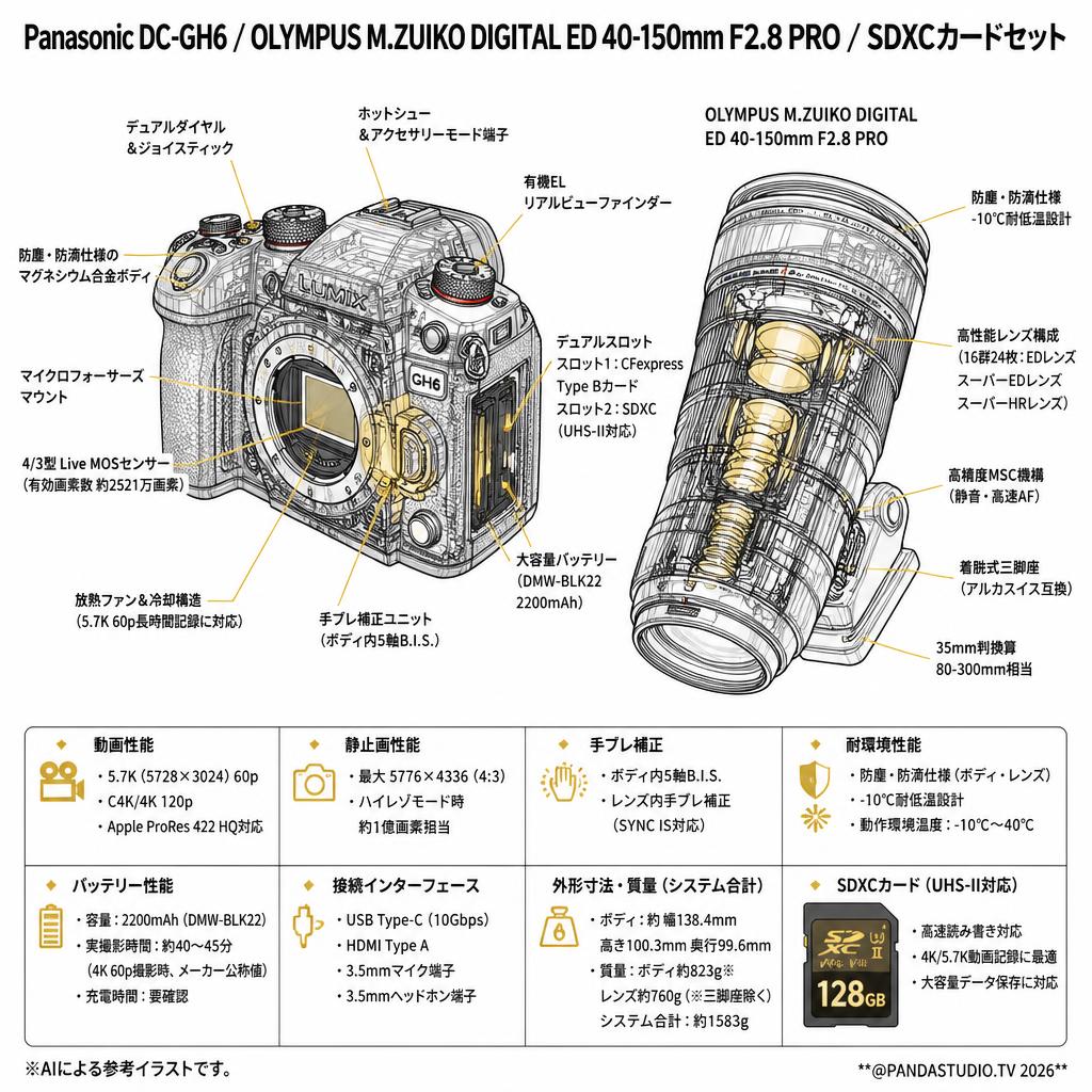 Panasonic DC-GH6 / OLYMPUS M.ZUIKO DIGITAL ED 40-150mm F2.8 PRO / SDXCカードセット スペック