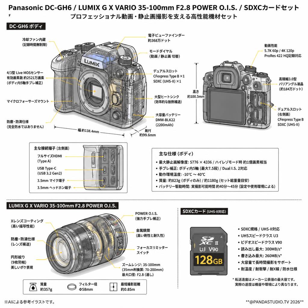 Panasonic DC-GH6 / Panasonic LUMIX G X VARIO 35-100mm F2.8 POWER O.I.S. / SDXCカードセット スペック