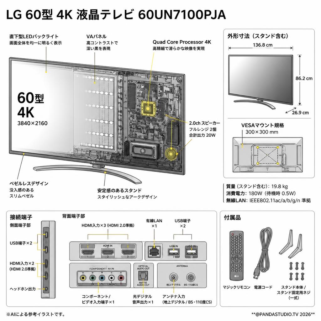 LG 60型 4K 液晶テレビ 60UN7100PJA【クロネコ発送不可/佐川急便配送】 スペック