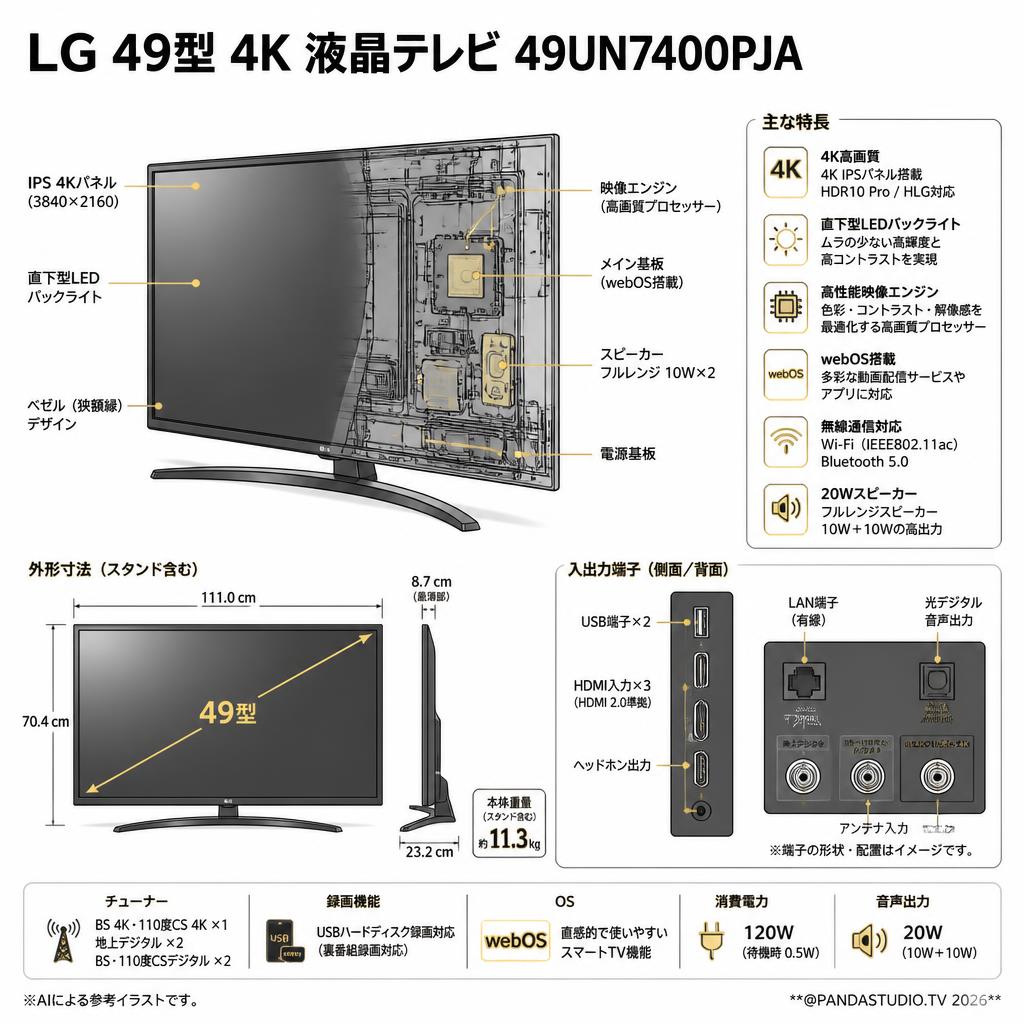 LG 49型 4K 液晶テレビ 49UN7400PJA【クロネコ発送不可/佐川急便配送】 スペック