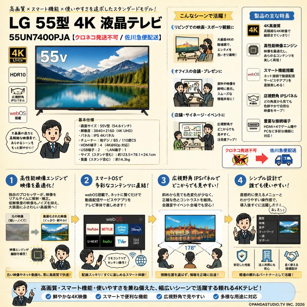 LG 55型 4K 液晶テレビ 55UN7400PJA【クロネコ発送不可/佐川急便配送】 概要