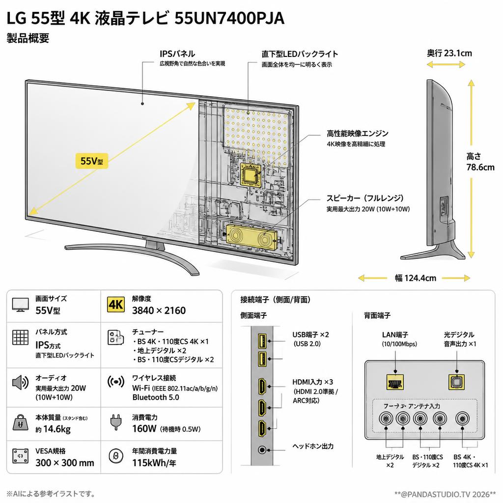 LG 55型 4K 液晶テレビ 55UN7400PJA【クロネコ発送不可/佐川急便配送】 スペック