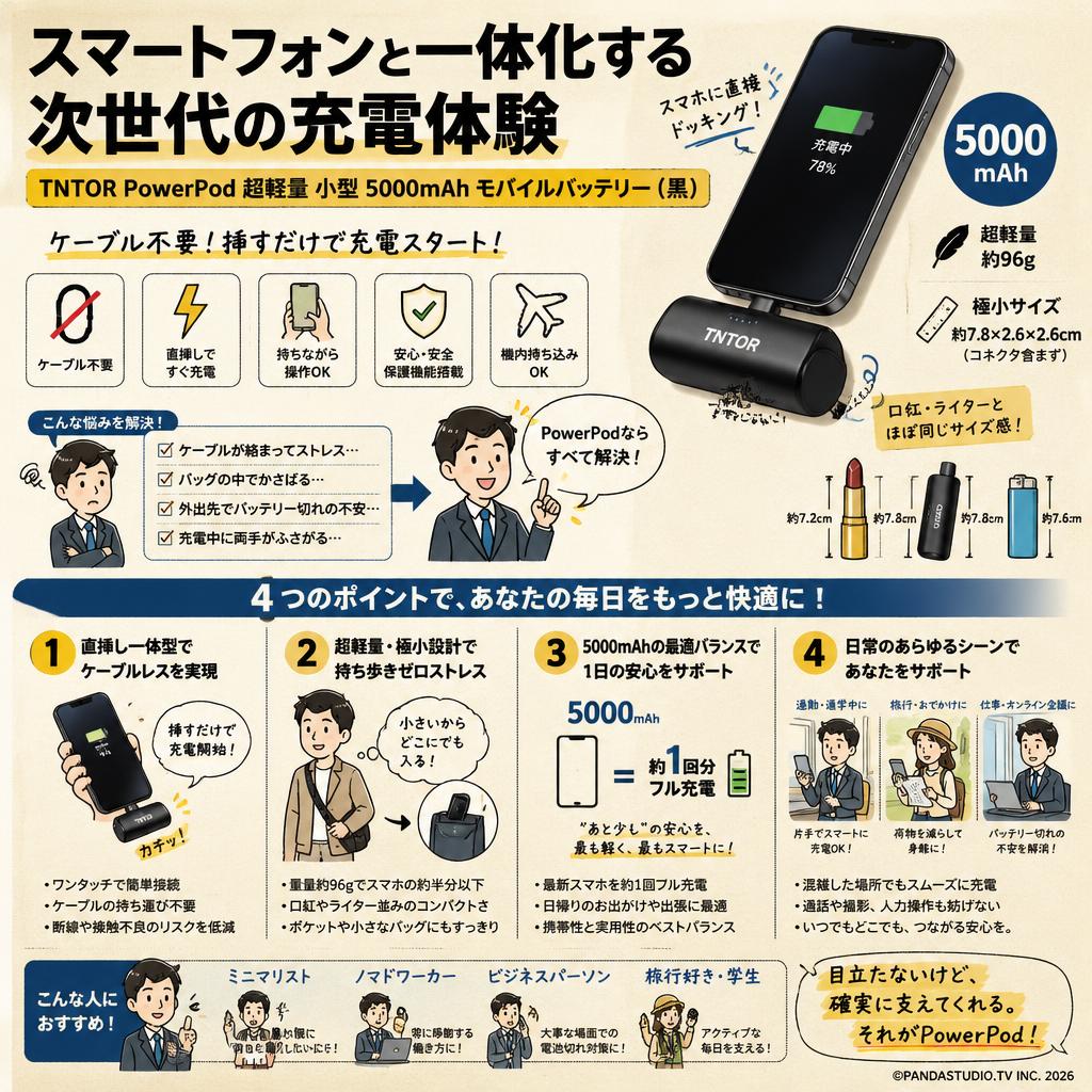 TNTOR PowerPod 超軽量 小型  5000mAh モバイルバッテリー(黒） 概要