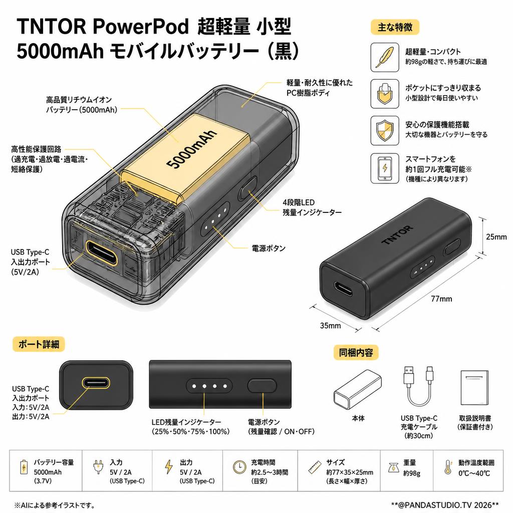 TNTOR PowerPod 超軽量 小型  5000mAh モバイルバッテリー(黒） スペック