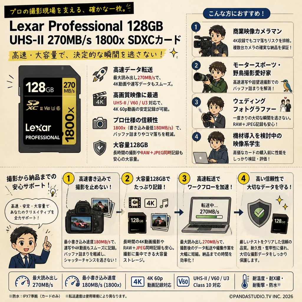Lexar Professional 128GB  UHS-II 270MB/s 1800x SDXCカード おもな対象のお客様