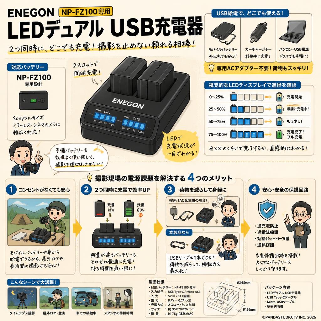 ENEGON NP-FZ100 LEDデュアル USB充電器 概要
