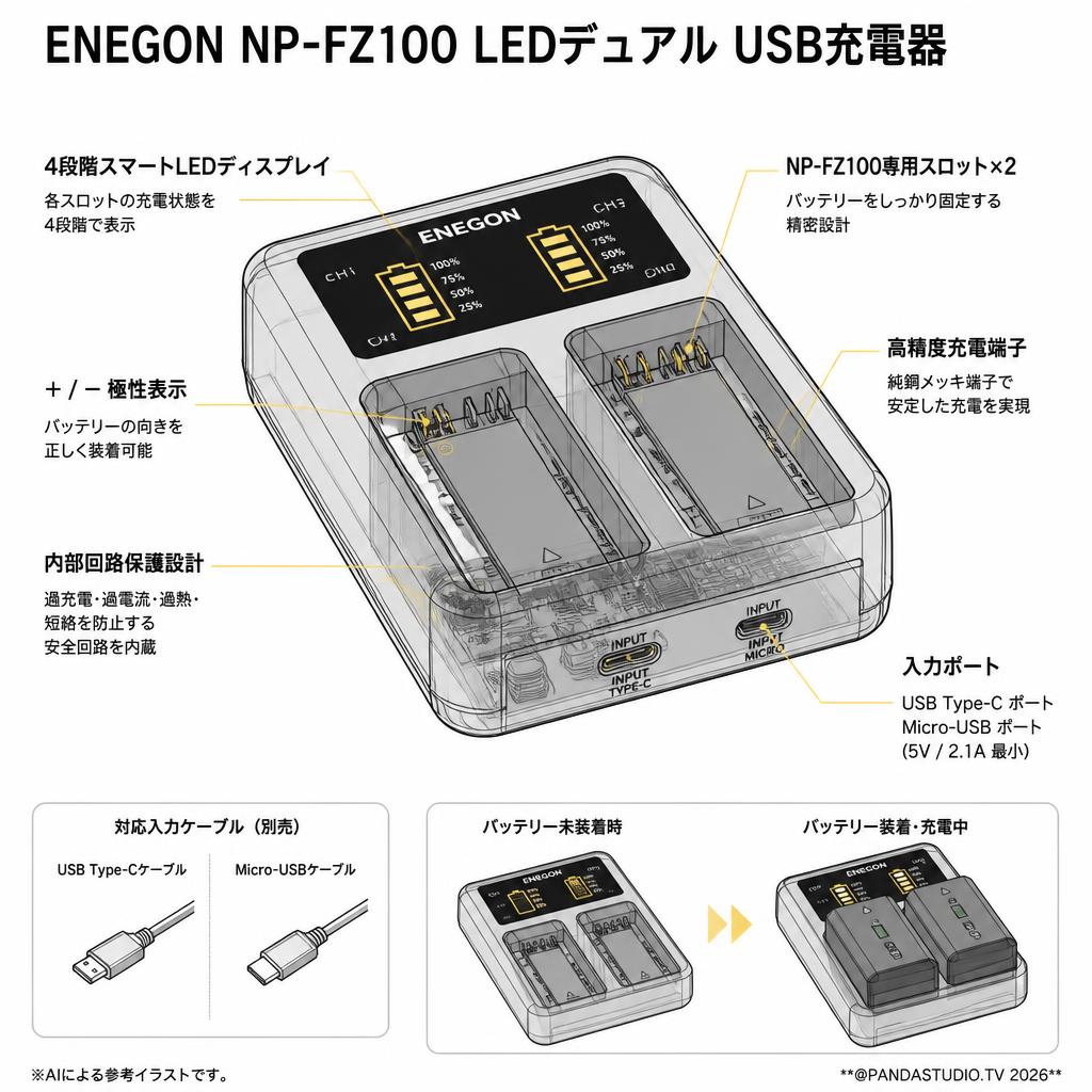 ENEGON NP-FZ100 LEDデュアル USB充電器 スペック