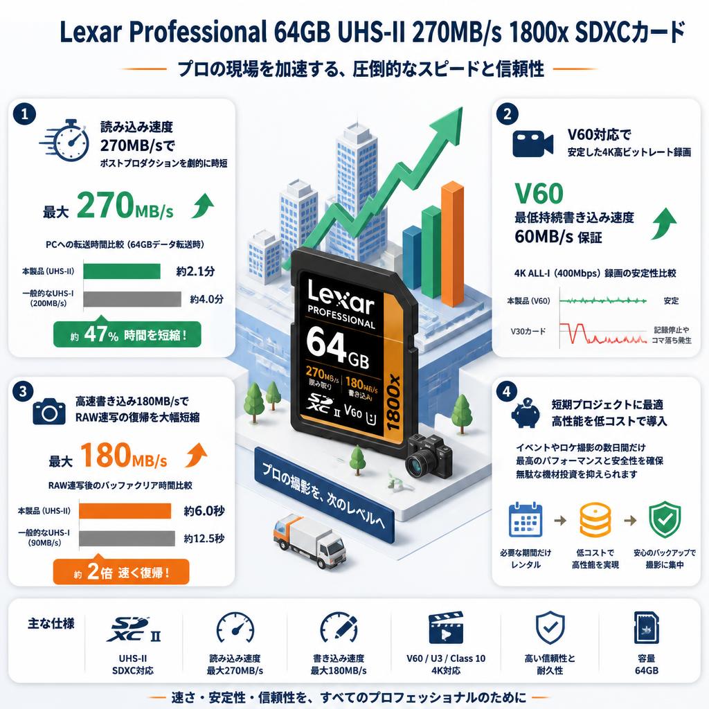 Lexar Professional 64GB  UHS-II 270MB/s 1800x SDXCカード セールスポイント