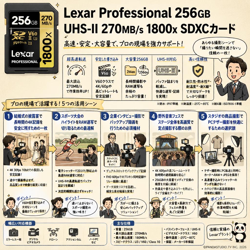 Lexar Professional 256GB  UHS-II 270MB/s 1800x SDXCカード 用途