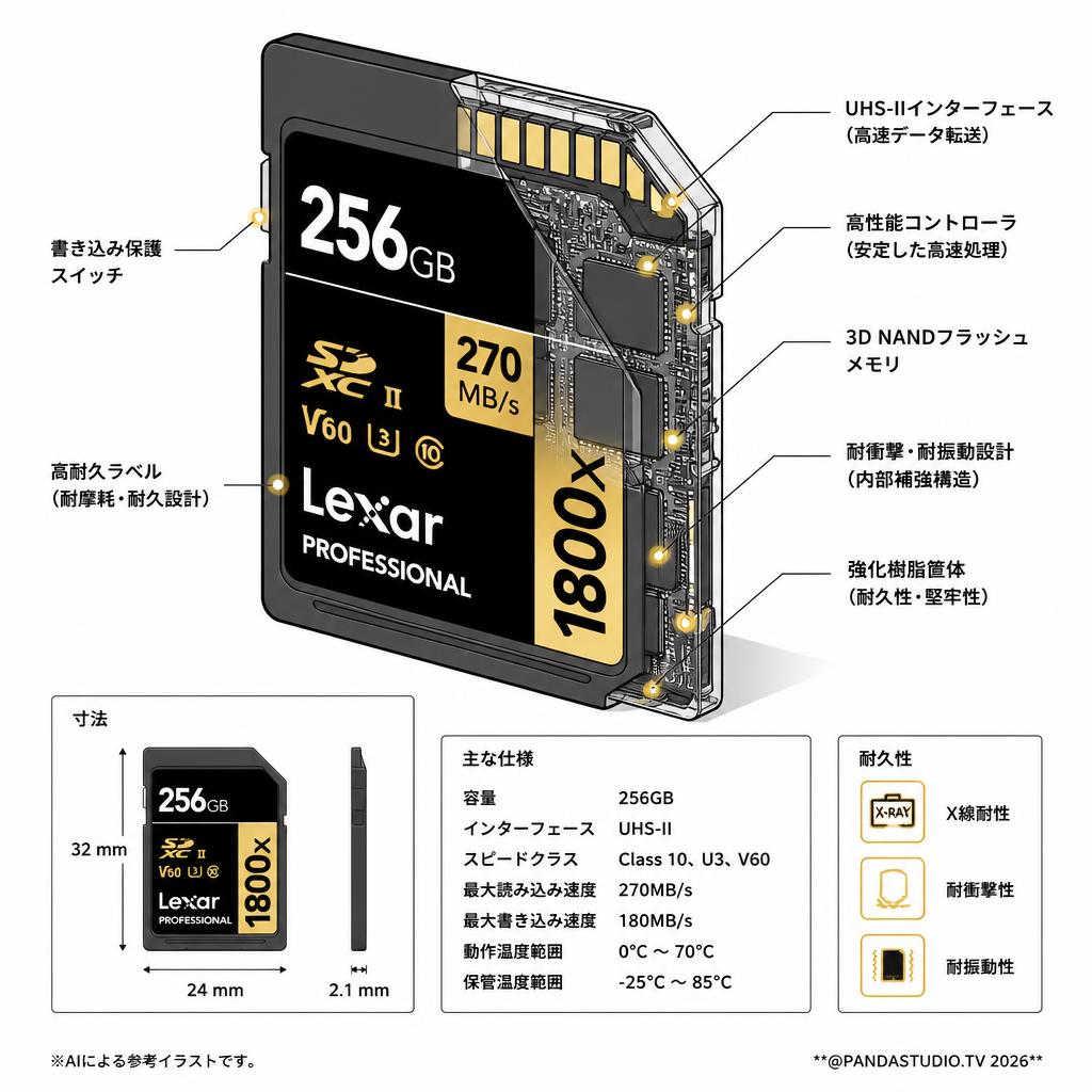 Lexar Professional 256GB  UHS-II 270MB/s 1800x SDXCカード スペック