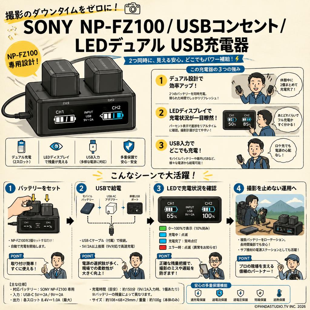 SONY NP-FZ100 / USBコンセント / LEDデュアル USB充電器 概要