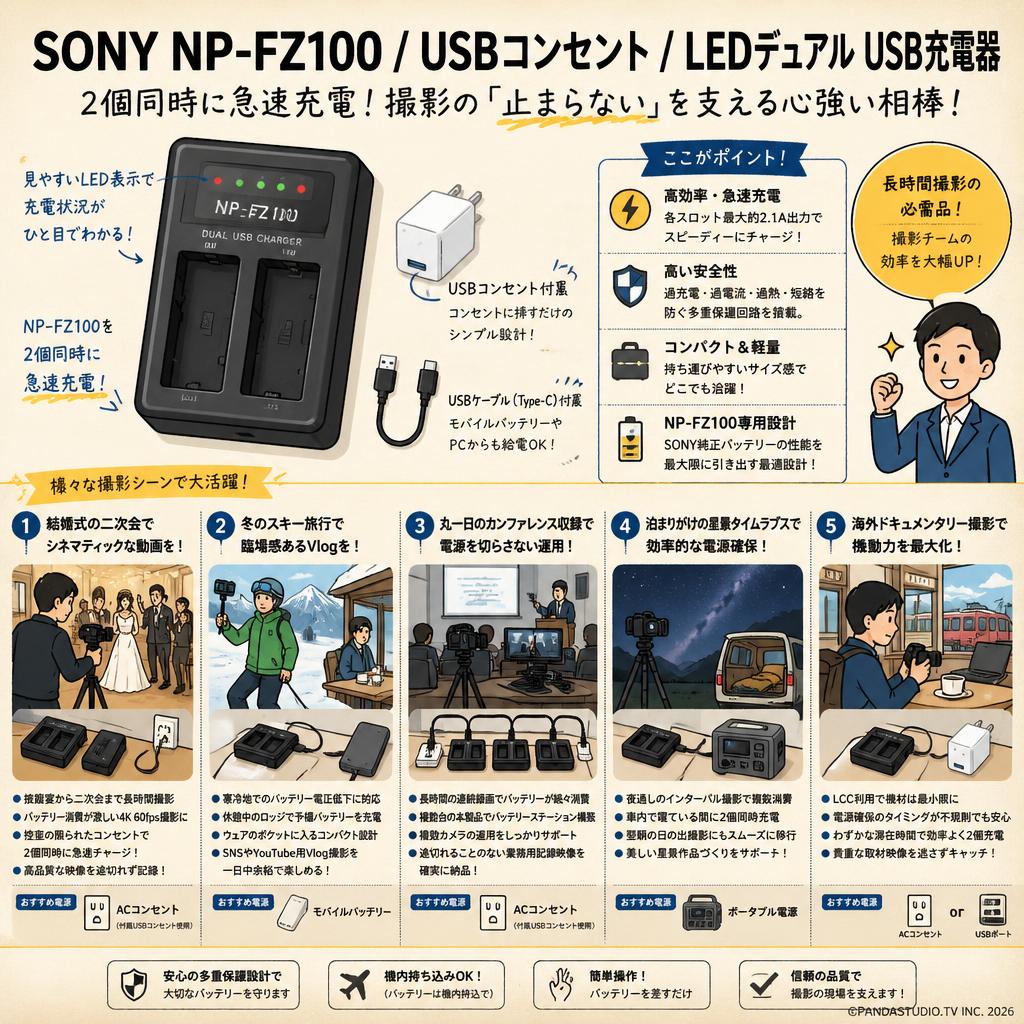 SONY NP-FZ100 / USBコンセント / LEDデュアル USB充電器 用途