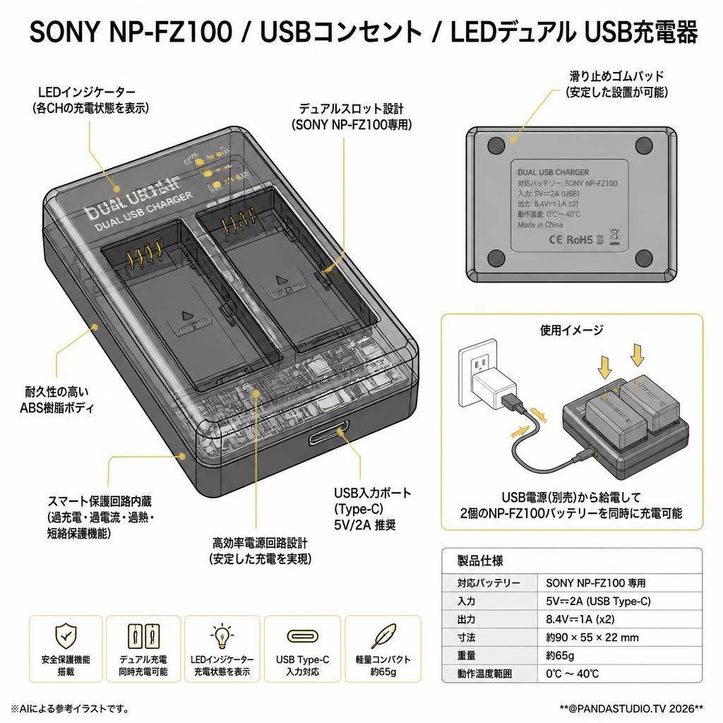 SONY NP-FZ100 / USBコンセント / LEDデュアル USB充電器 スペック