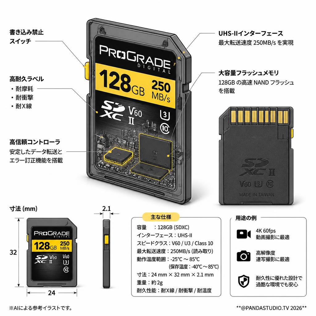 ProGrade Digital 128GB UHS-II V60 250MB/s SDXCカード スペック