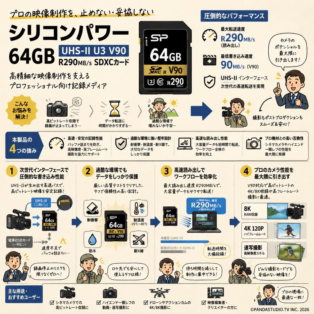 シリコンパワー  64GB  UHS-II U3 V90 R290MB/s SDXCカード 概要