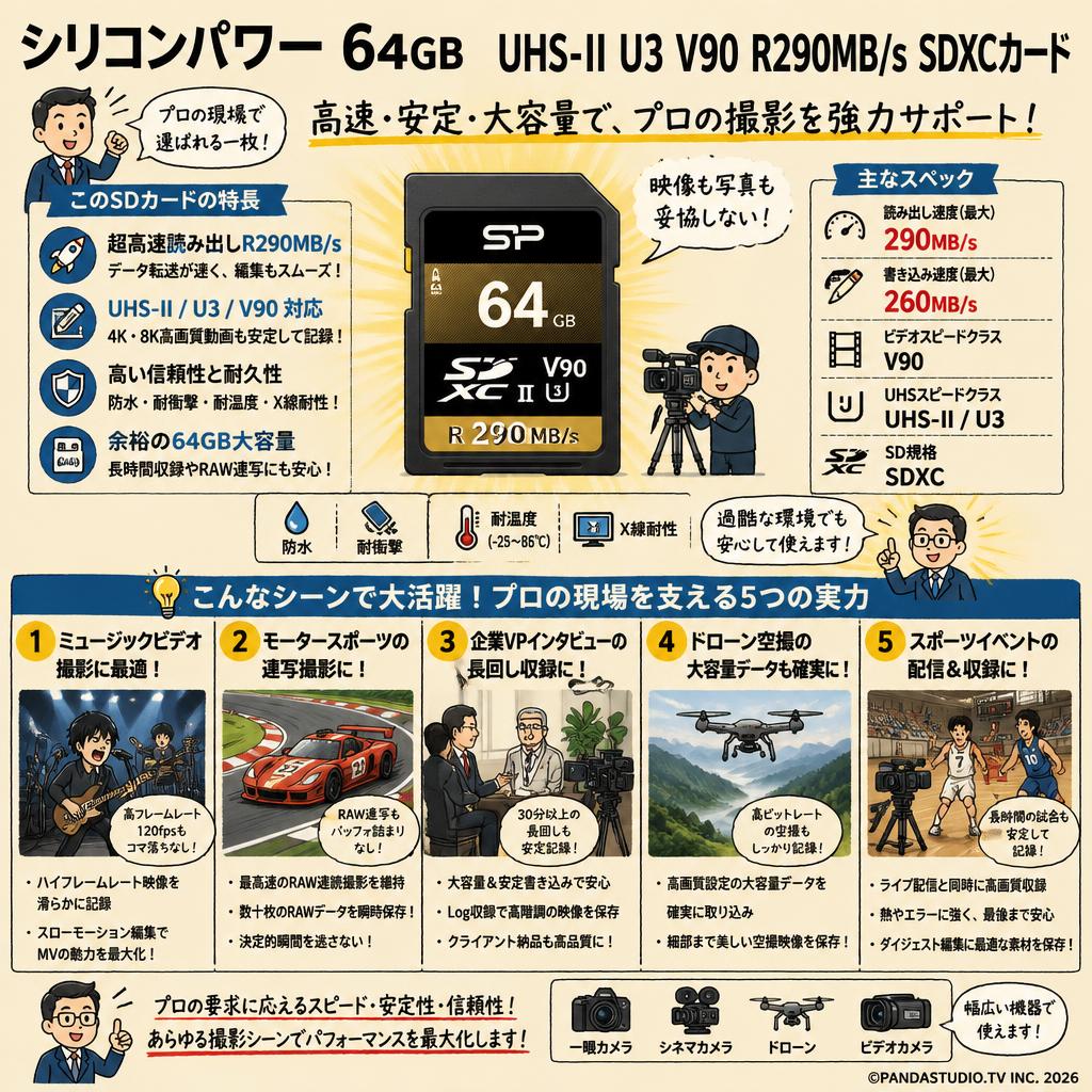 シリコンパワー  64GB  UHS-II U3 V90 R290MB/s SDXCカード 用途