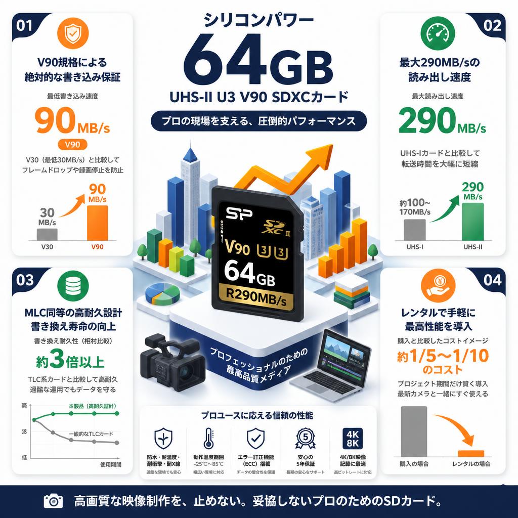 シリコンパワー  64GB  UHS-II U3 V90 R290MB/s SDXCカード セールスポイント