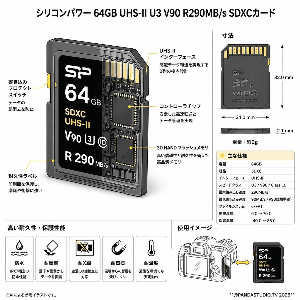 シリコンパワー  64GB  UHS-II U3 V90 R290MB/s SDXCカード スペック