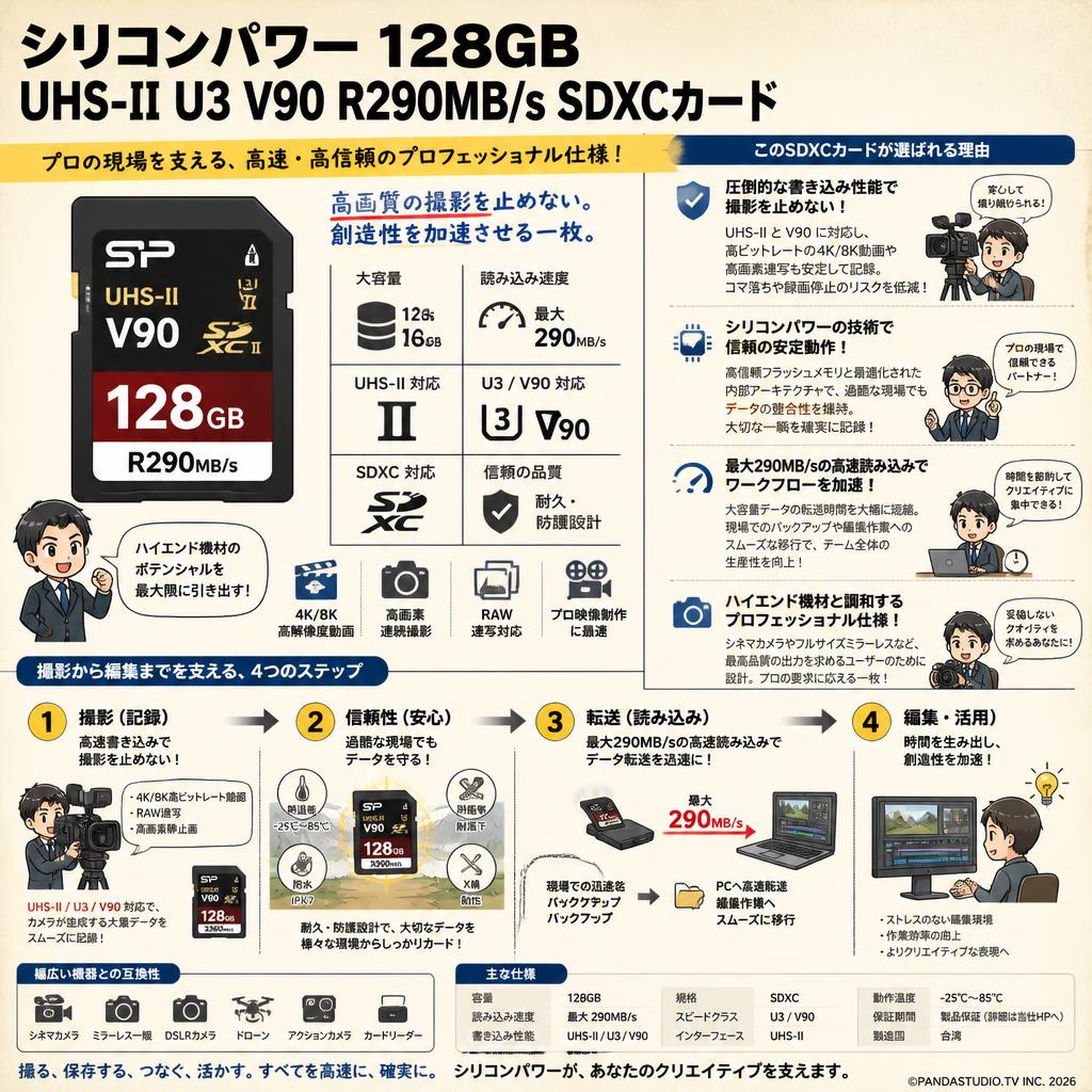シリコンパワー  128GB  UHS-II U3 V90 R290MB/s SDXCカード 概要