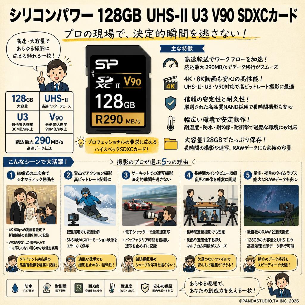 シリコンパワー  128GB  UHS-II U3 V90 R290MB/s SDXCカード 用途