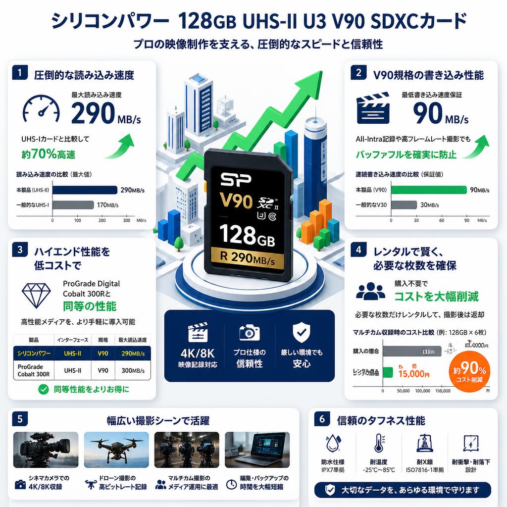 シリコンパワー  128GB  UHS-II U3 V90 R290MB/s SDXCカード セールスポイント