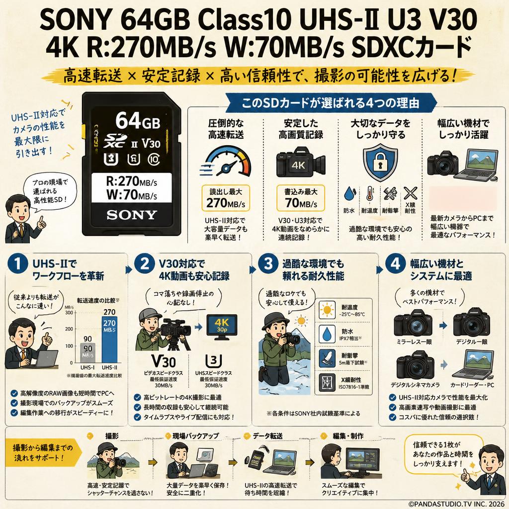 SONY 64GB Class10 UHS-II U3 V30 4K R:270MB/s W:70MB/s SDXCカード 概要