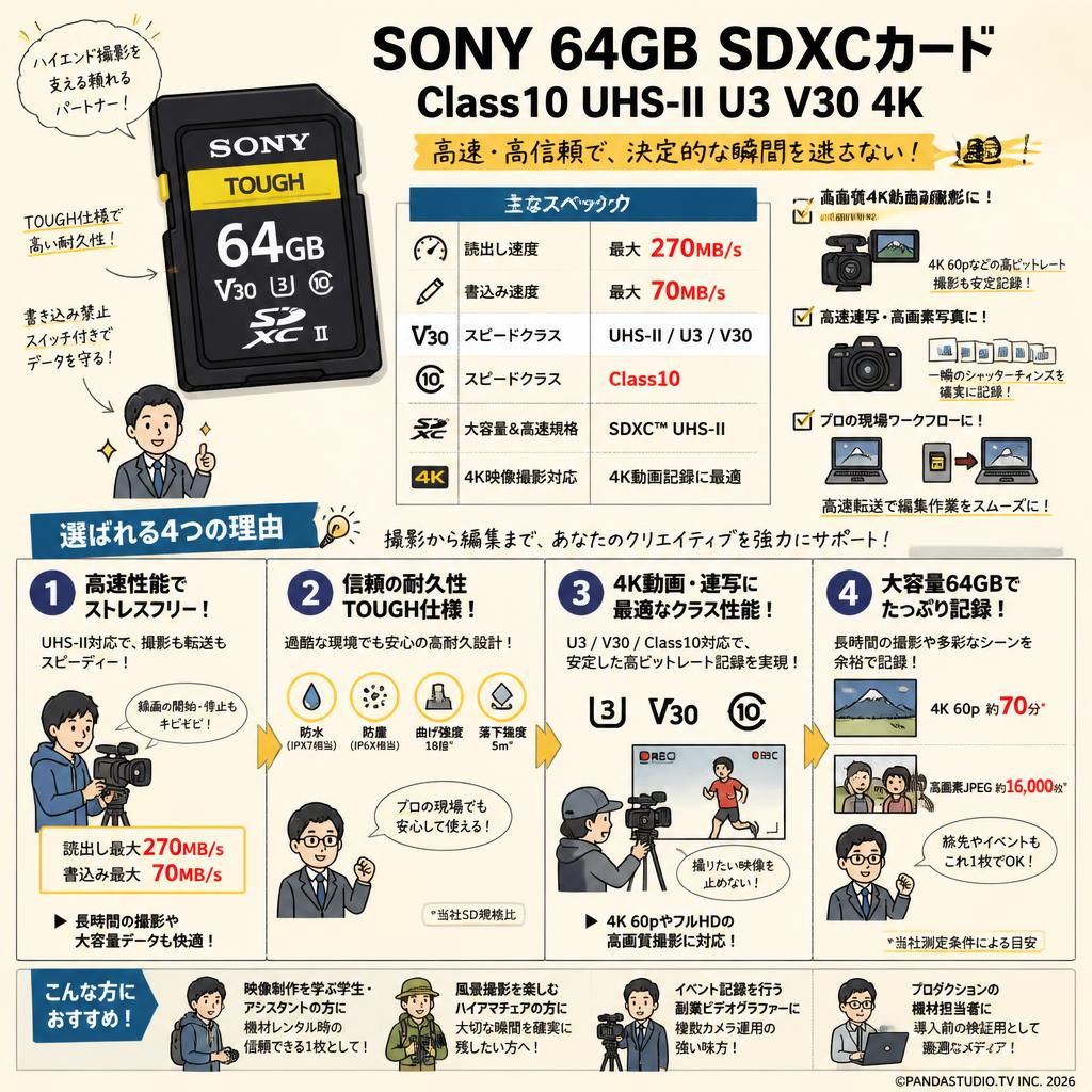 SONY 64GB Class10 UHS-II U3 V30 4K R:270MB/s W:70MB/s SDXCカード おもな対象のお客様