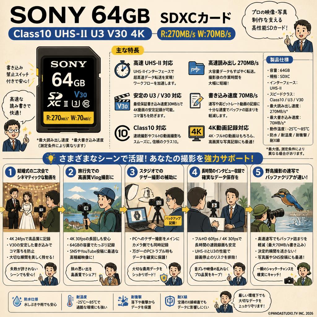 SONY 64GB Class10 UHS-II U3 V30 4K R:270MB/s W:70MB/s SDXCカード 用途
