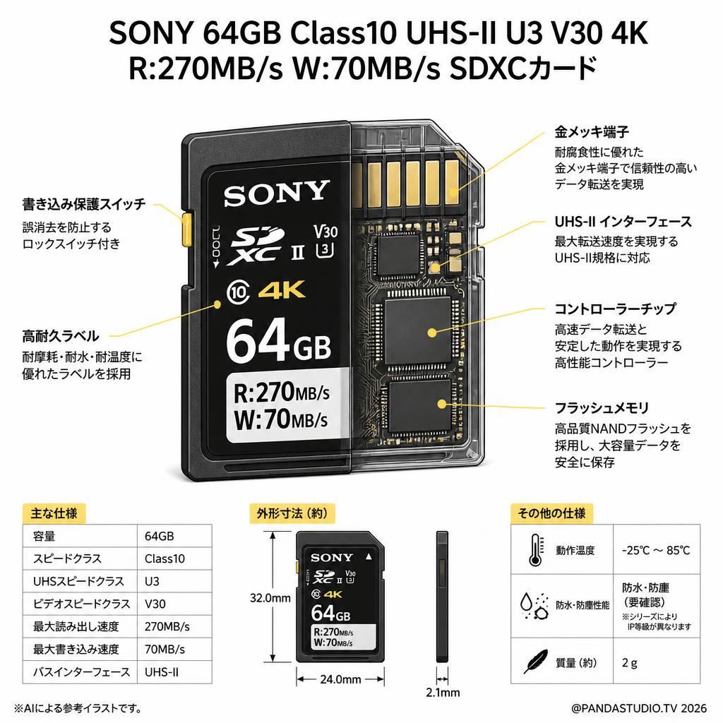 SONY 64GB Class10 UHS-II U3 V30 4K R:270MB/s W:70MB/s SDXCカード スペック