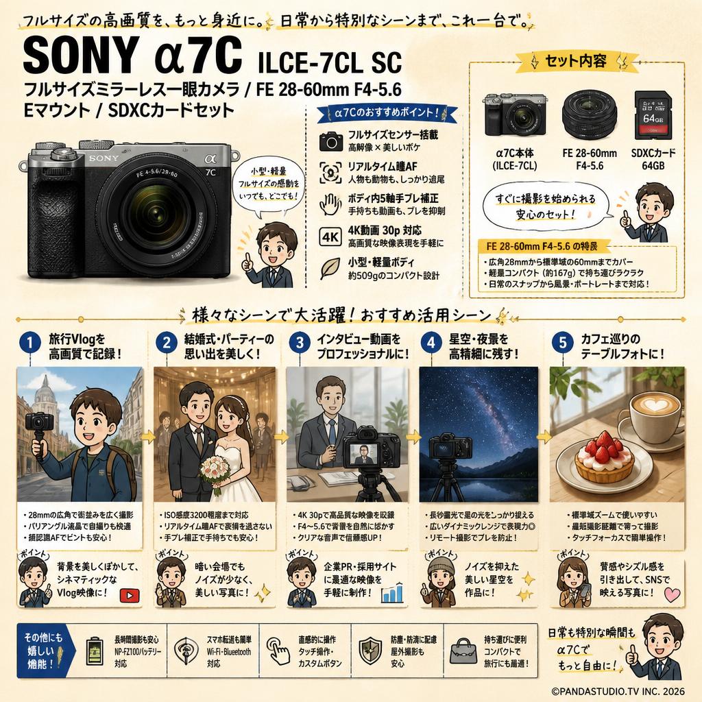SONY α7C ILCE-7CL SC フルサイズミラーレス一眼カメラ / FE 28-60mm F4-5.6 Eマウント/ SDXCカードセット 用途
