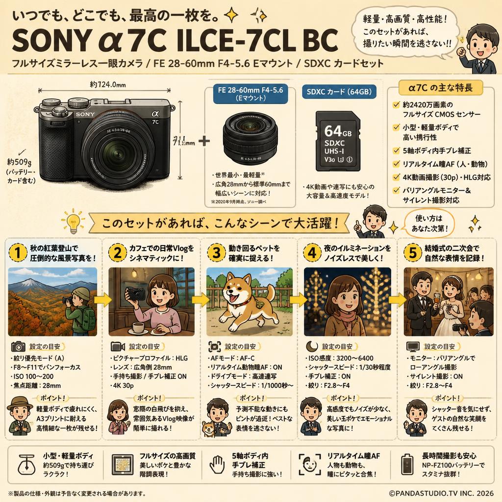 SONY α7C ILCE-7CL BC フルサイズミラーレス一眼カメラ/ FE 28-60mm F4-5.6 Eマウント / SDXC カードセット 用途