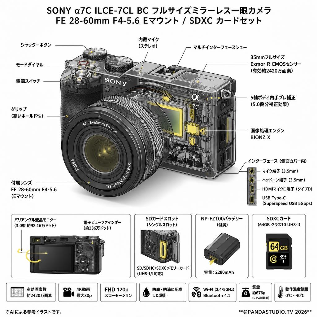 SONY α7C ILCE-7CL BC フルサイズミラーレス一眼カメラ/ FE 28-60mm F4-5.6 Eマウント / SDXC カードセット スペック
