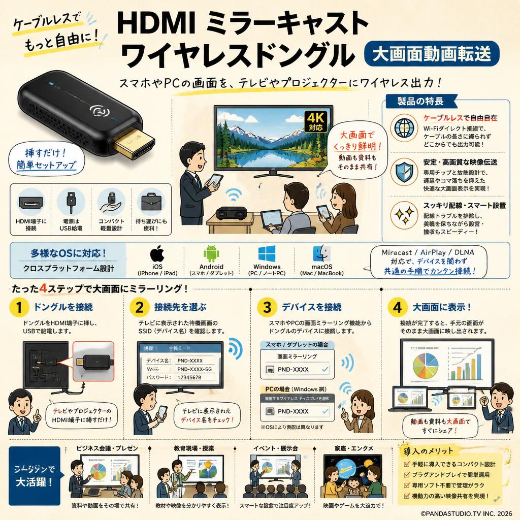 HDMI ミラーキャストワイヤレスドングル 【大画面動画転送】 概要