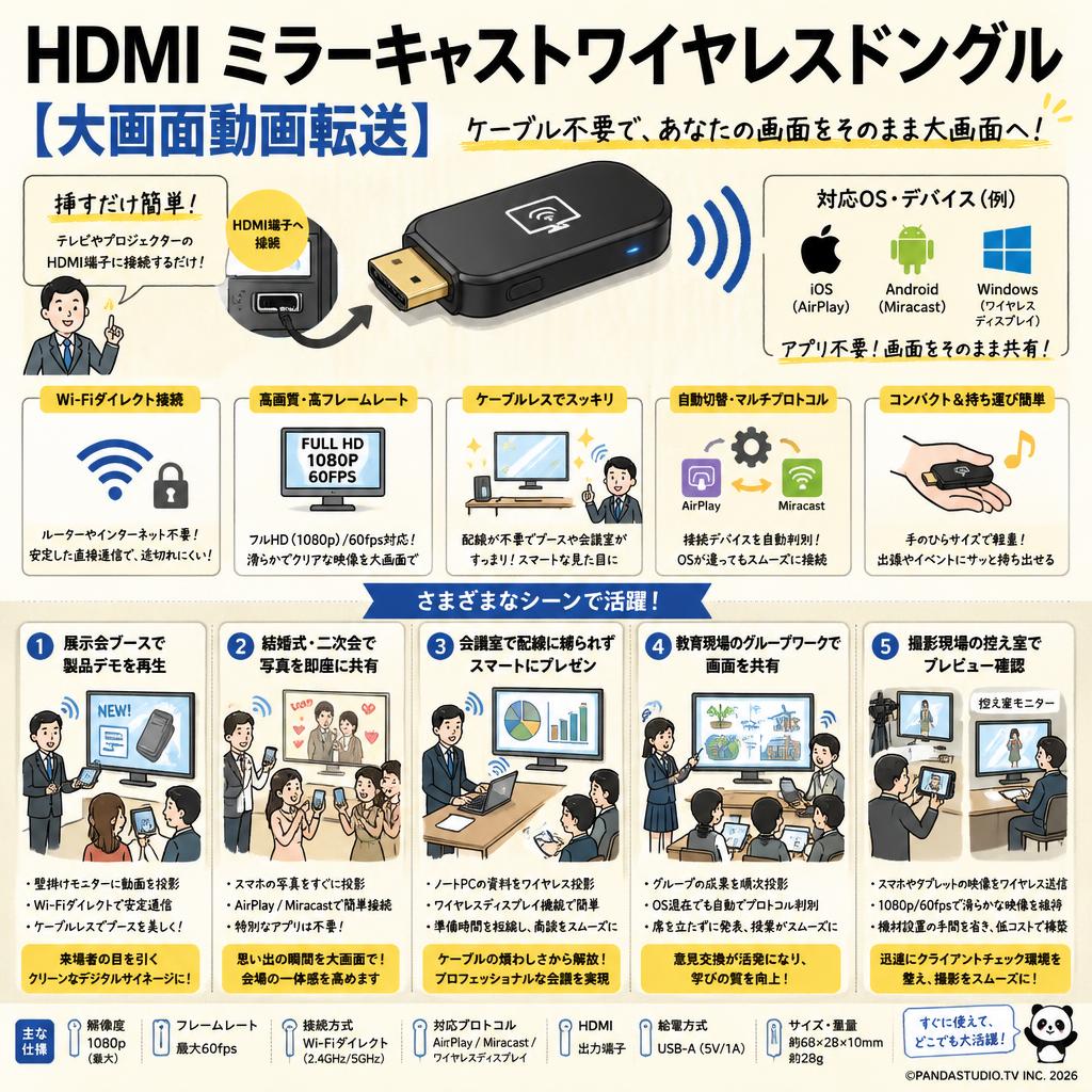 HDMI ミラーキャストワイヤレスドングル 【大画面動画転送】 用途